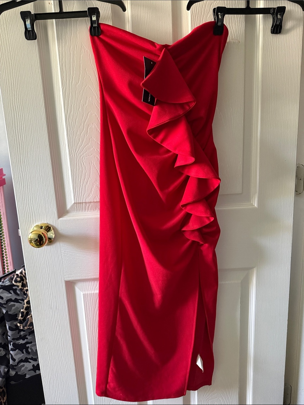 Fashion Nova Strapless Red Ruffled Midi Dress